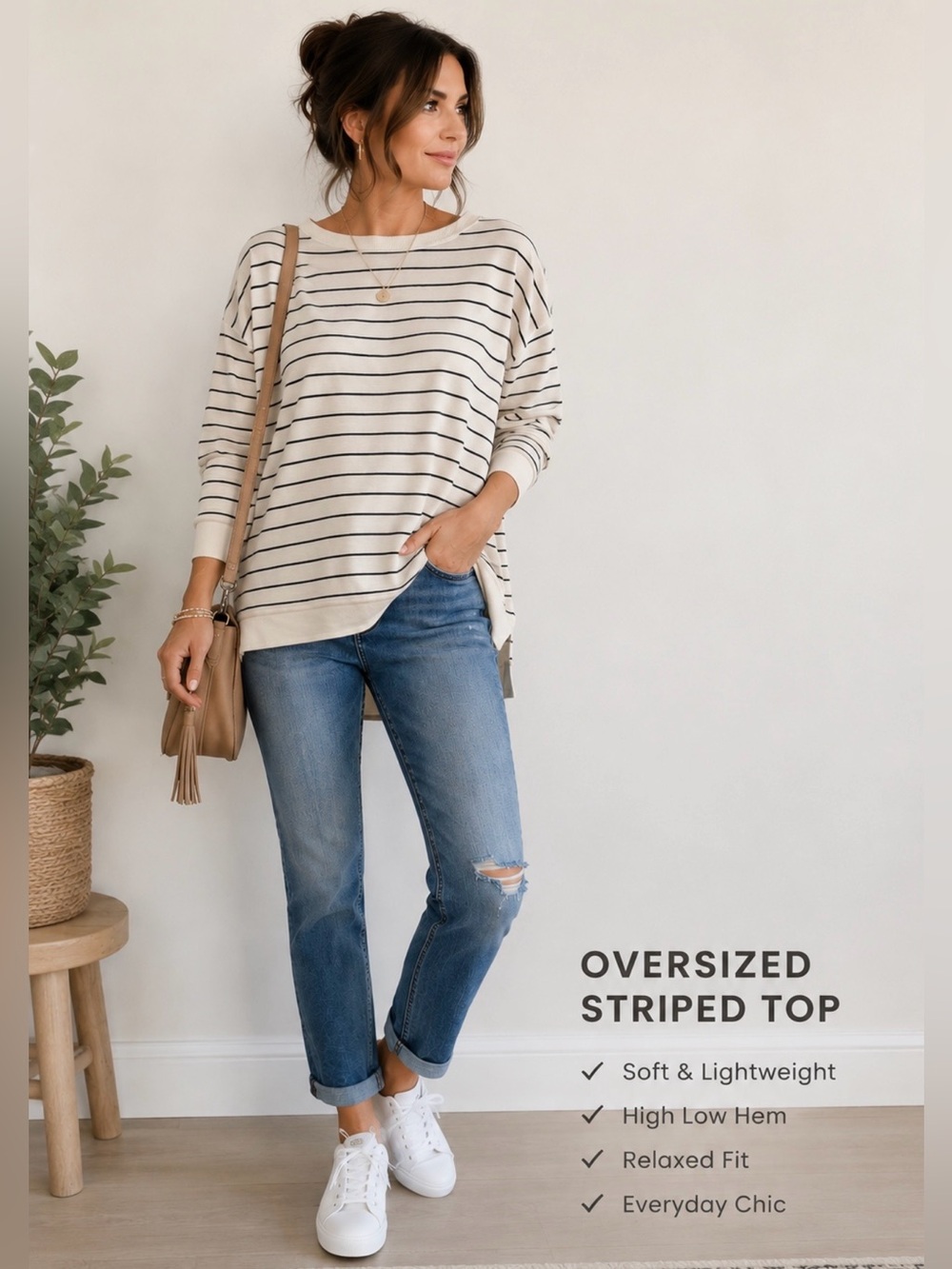 Marled M Striped Cream and Black Boxy Striped Drop Shoulder Long Sleeve Top NWOT